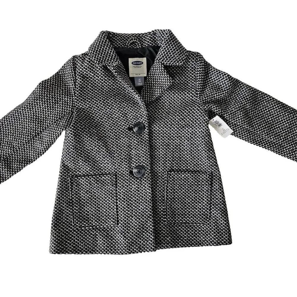 Old Navy Toddler Black & White Tweed Wool Blend Peacoat 2 Pockets Size 2T 2A NWT